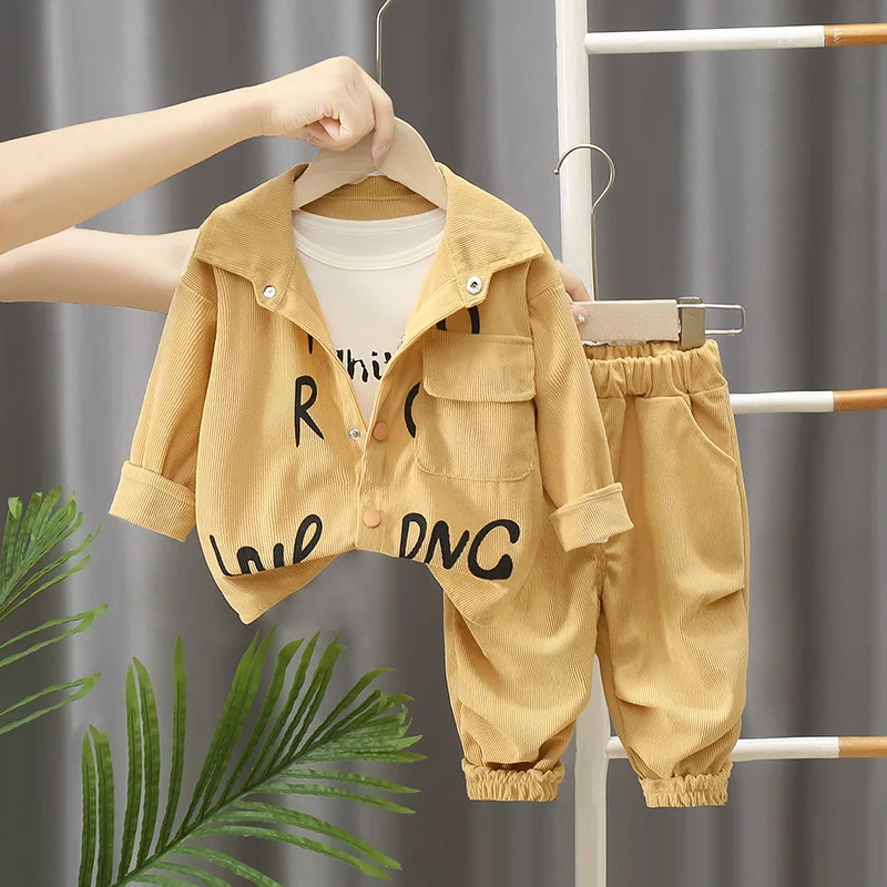 Children's Set Boys' Spring and Autumn New Korean Version Corduroy Letter Cardigan Long Sleeved Two-Piece Set