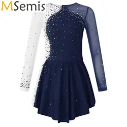 Girl Ballet Dance Dress for Kids Competition Shiny Rhinestone Decorated Patchwork Gymnatics Leotards Dresses for Figure Skaitng