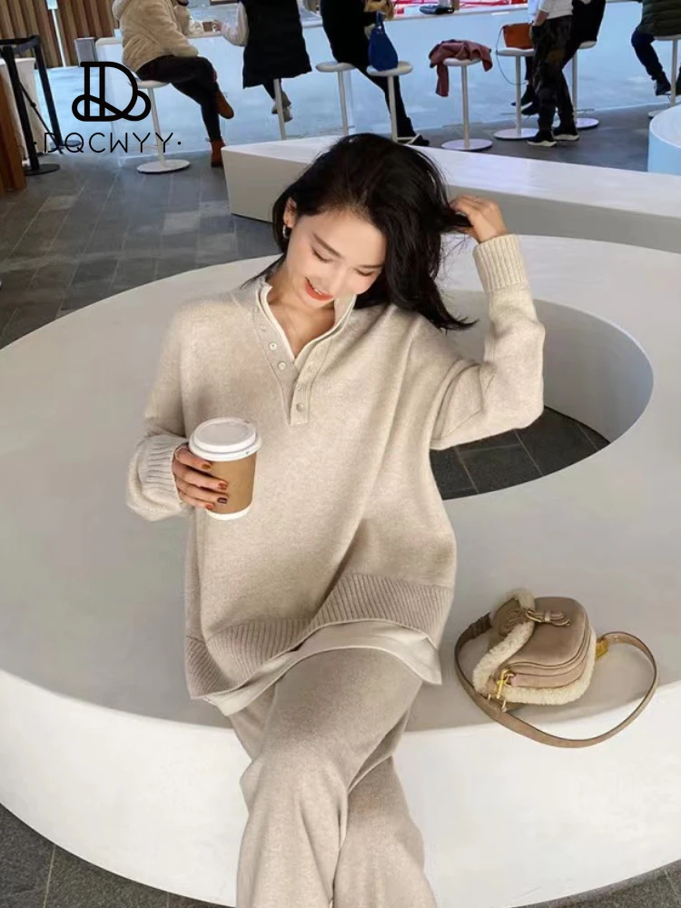 Pant Sets Women\'s Sweater Long Sleeve Top Pullovers Knitwears Wide Leg Pants Two Piece Set for Women Korean Fashion Casual Suit