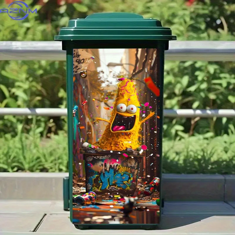 Trash Can Sticker - Yellow Goofy Monster Pattern, PVC Self-Adhesive Decal for Plastic Surfaces, Fun Kitchen Wall & Trash Bin D