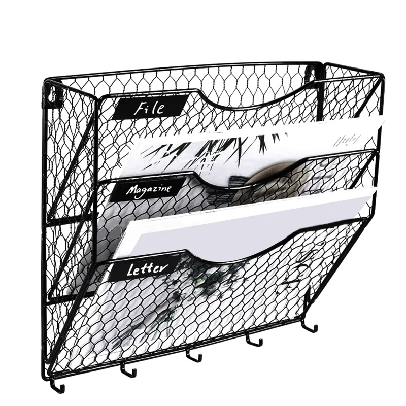 3 Tier Metal Mesh File Organizer Holder Hanging Mail Rack with Hooks Letter Document Magazine Office Sorter Bin