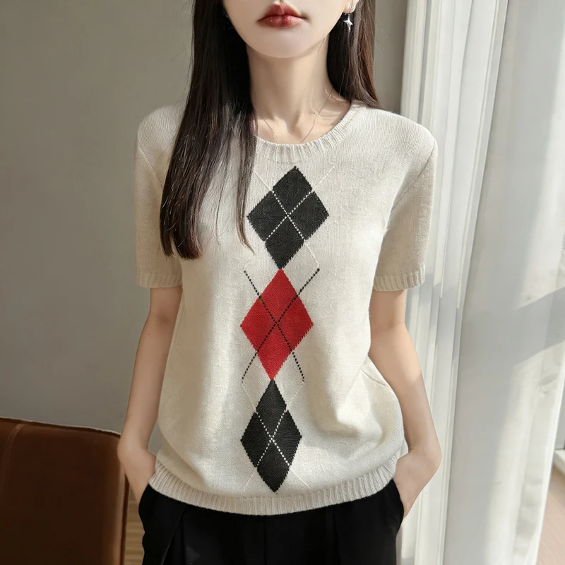 

Women's Lyocell Linen O Neck Short Sleeve Pullover Diamond Grid Color Match Classic Chic Lightweight Basic Top for Spring Summer