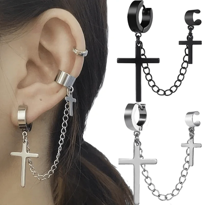 1/2pcs Punk Gothic Cool Stainless Steel Christian Cross Tassel Chain Ear Ring Earrings With Integrated Clip & Stud for Men Women