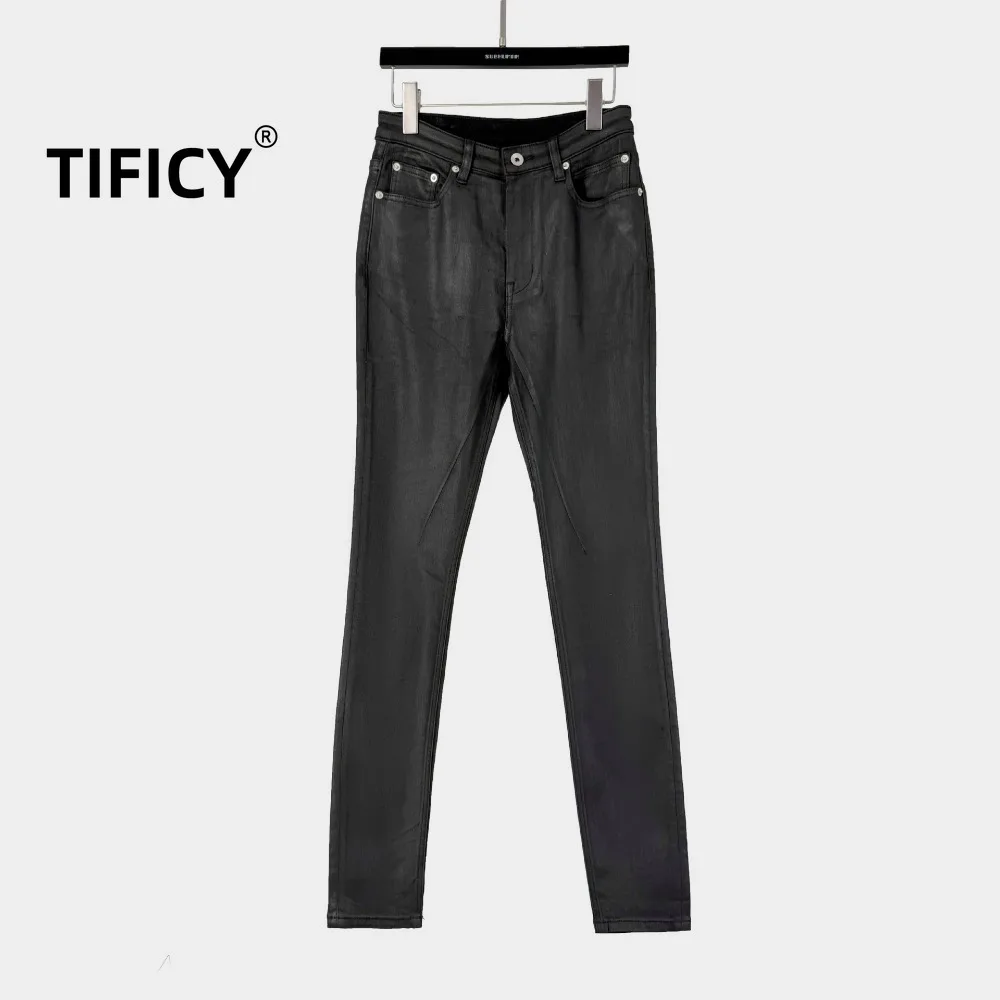 

High Street Pants Women's Classic Wax Coated Jeans Slim Fit Basic Long Style Craftsmanship Dark Spring Style Small Leg Pants