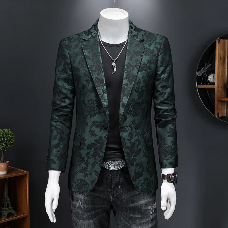 Brytyjski styl luksusowe żakardowe marynarki mężczyźni odzież 2022 elegancka typu Slim Fit marynarka casualowa mężczyźni Groom garnitur weselny marynarka z nadrukiem