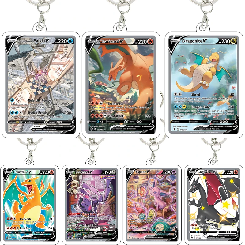 PKM Anime Charizard Game Card Shape Acrylic Keychain Accessories Machamp Espeon Collection Card Self Made Pendant Keyring Gifts