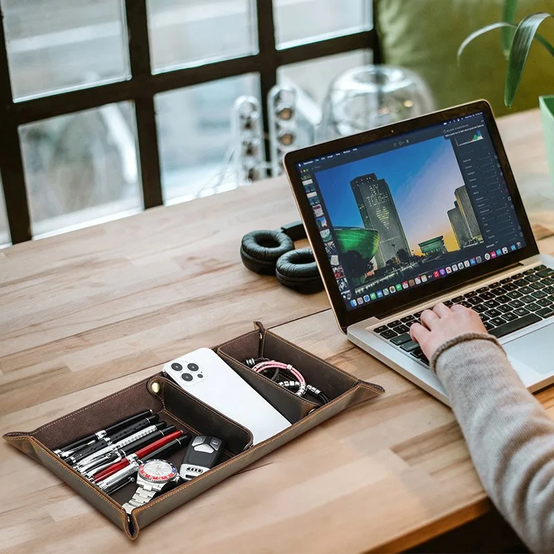 

Brown Crazy Horse Cowhide Crafted Rectangular Tray with Compartments Office Desktop Stand Stationery Holder Office Supplies