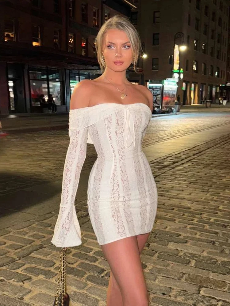 Elegante jacquardjurk dames plooien schuine hals doorzichtige uitlopende mouwen trend middernacht feest streetwear mini bodycon