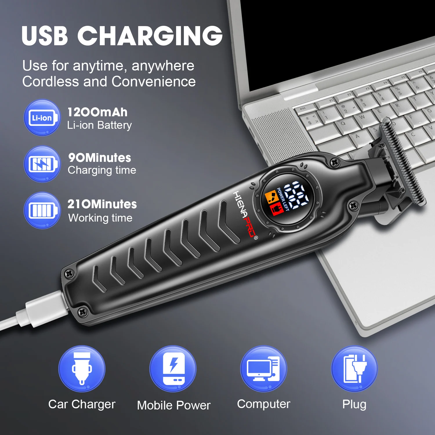 hiena Electric Hair Clippers for Men Professional Cordless Barber Clippers Rechargeable Beard Trimmer LED Display Trimmer