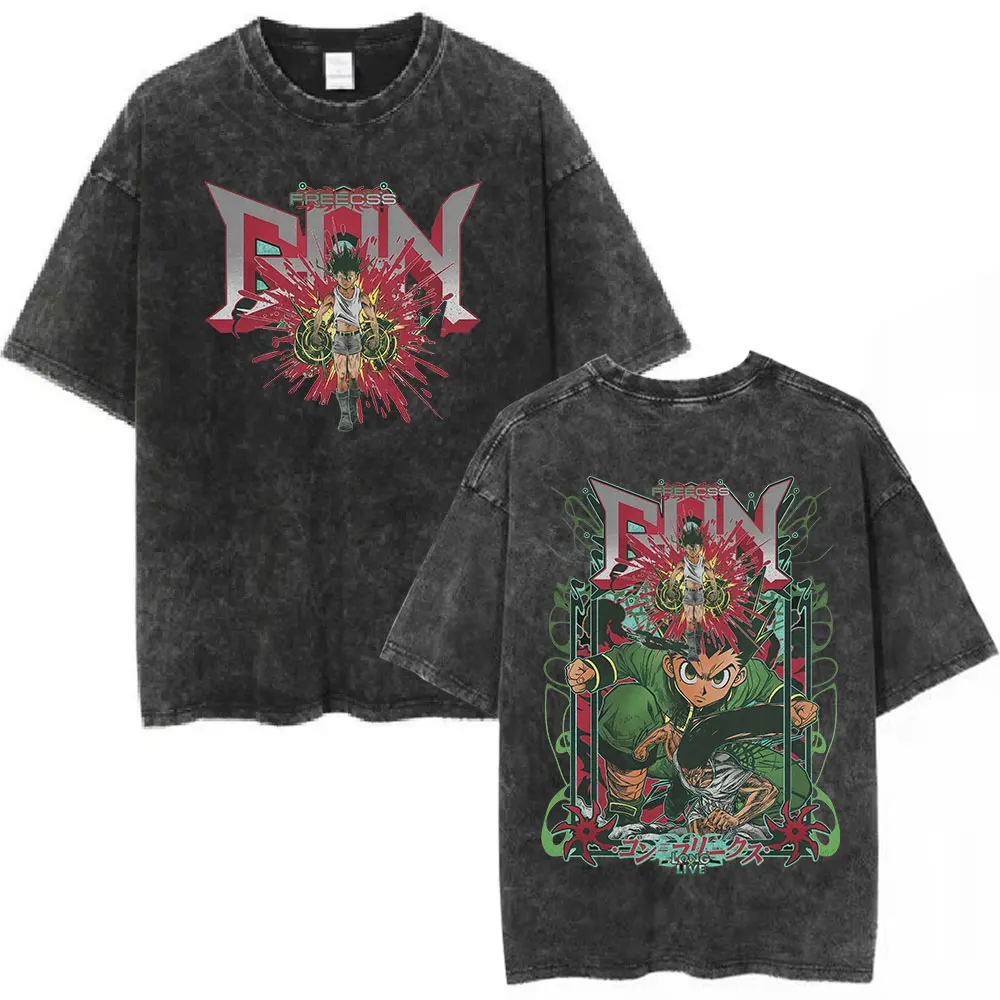 

Vintage Washed Anime Hunter X Hunter T Shirts Gon Freecss Manga Graphic Short Sleeve T-shirt Men's Women Cotton Casual T-shirts