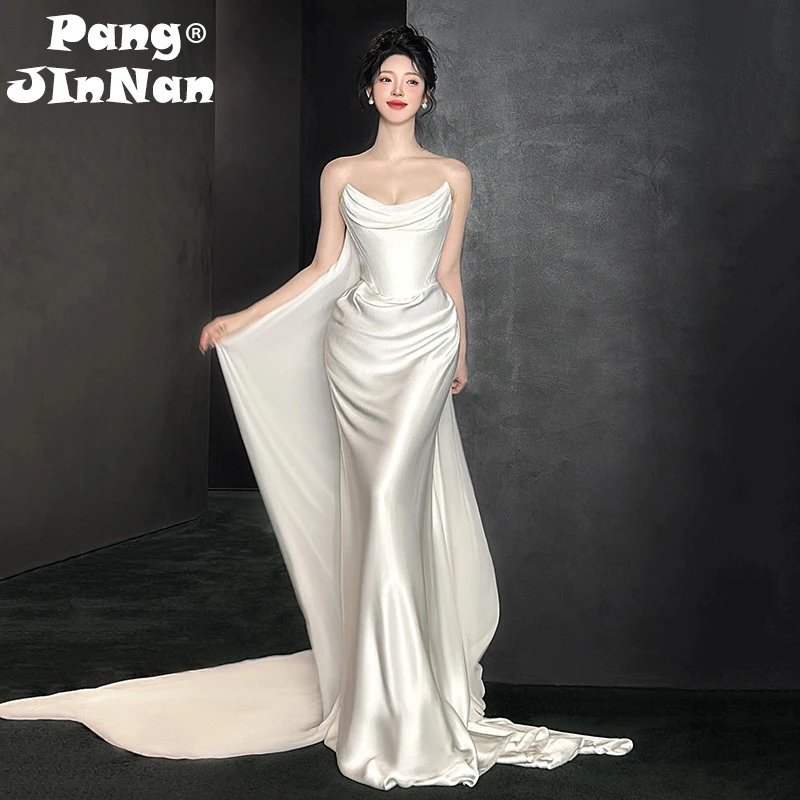 

PJN 2025 White Satin Wedding Dress Bride Elegant Mermaid Watteau Train Snapshot Dresses Women Formal Long Evening Party Dress