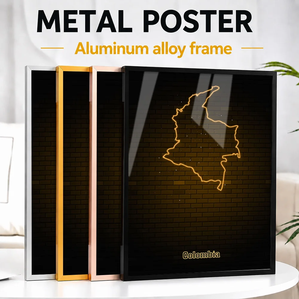 Colombia Map Outline Metal Poster With Aluminum Alloy Frame Personalized Neon Style Wall Art For Entryway And Office Reception