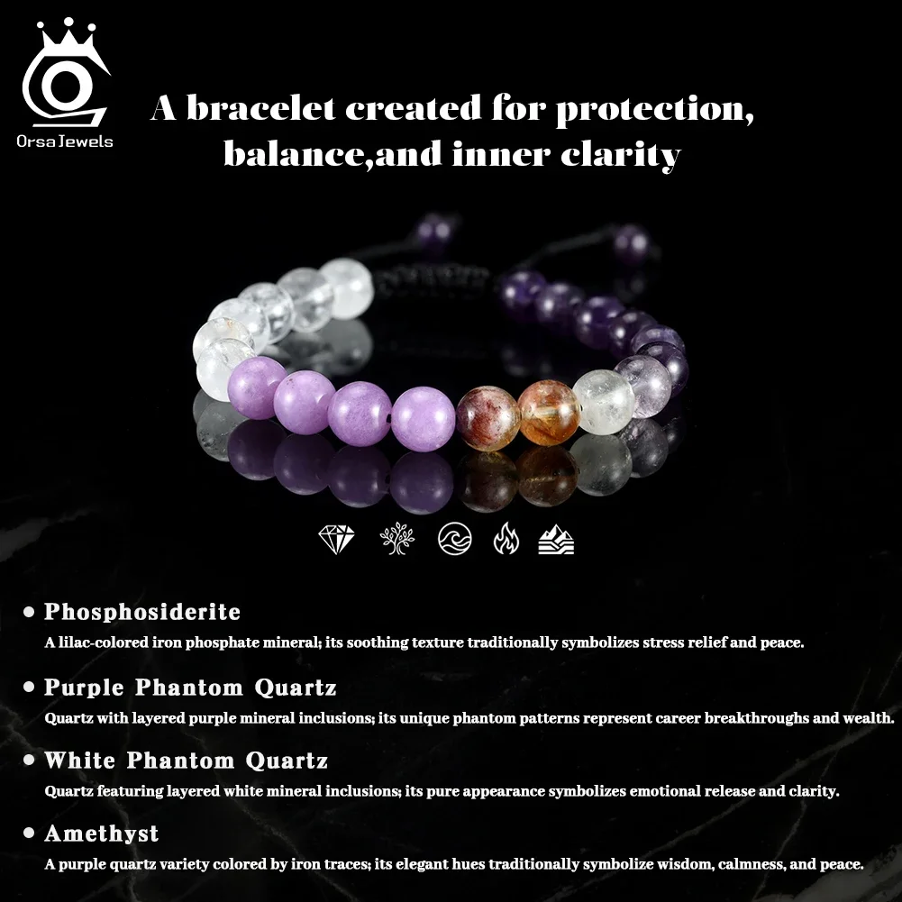 ORSA JEWELS Vintage 8mm Natural Amethyst Purple Quartz Bead Bracelet for Women Healing Gemstones Stretch Jewelry Gift GMB104
