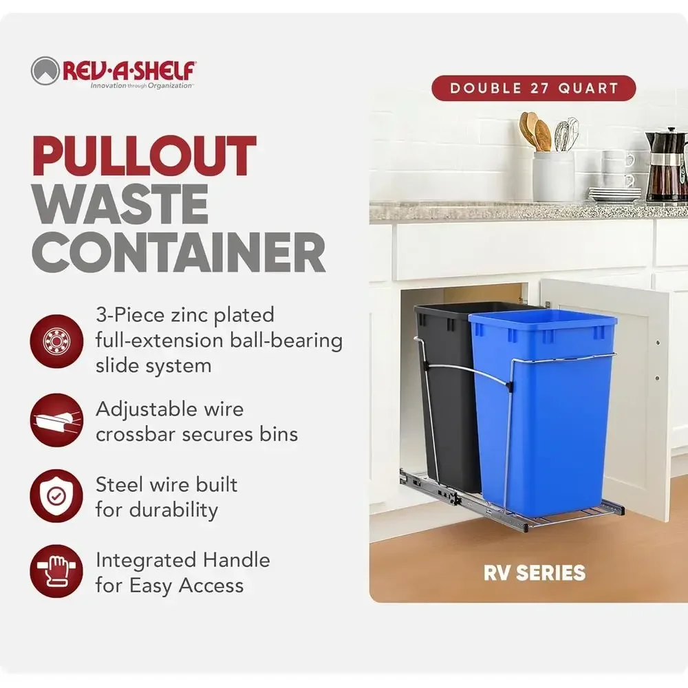 Kitchen Cabinet-Style 27 Qt. Pullout Trash Bin with Slide-Out Extension, Blue/Black