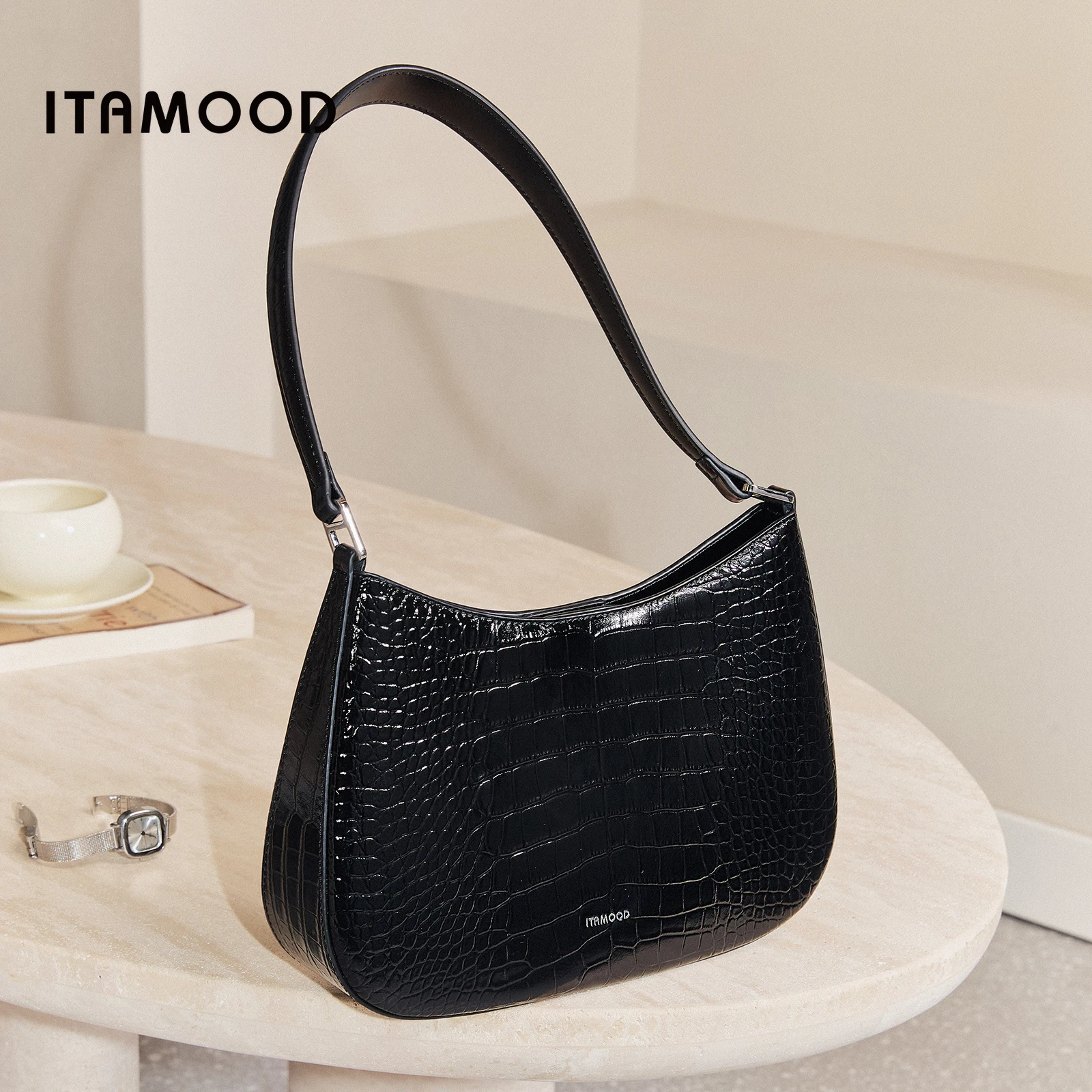 

ITAMOOD Сумка подмышки из воловьей кожи на осень-зиму Модная черная французская сумка с крокодиловым узором в форме полумесяца Роскошный дизайнерский бренд
