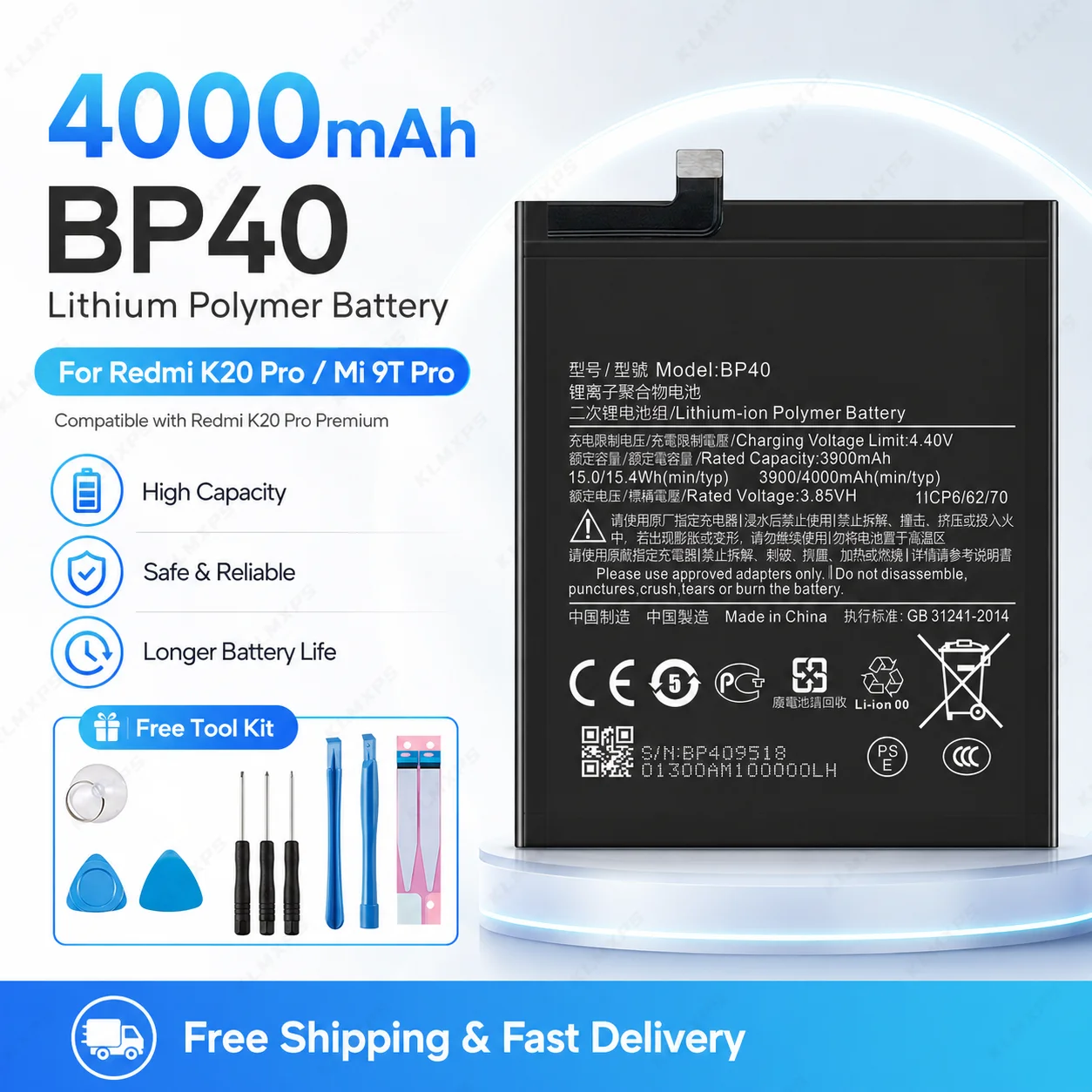 BP40 Phone Battery 4000mAh For Xiaomi Redmi K20 Pro Mi 9T Pro Original Replacement Batteries With Repair Tools