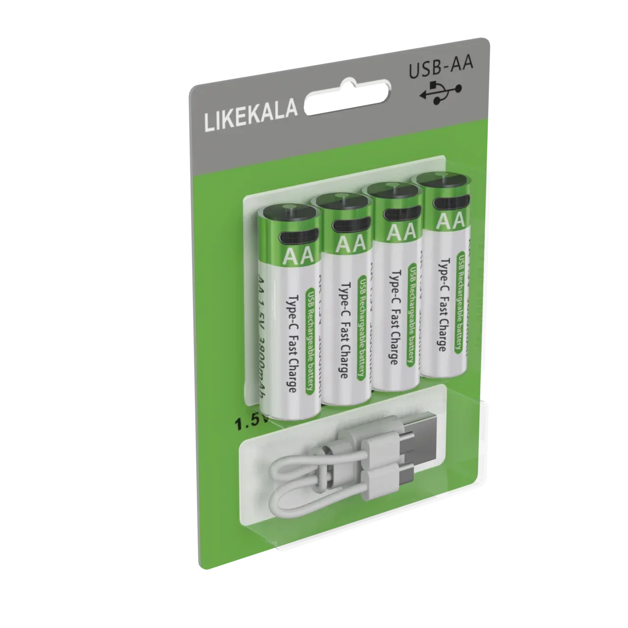 LIKEKALA Li-ion AA بطاريات قابلة للشحن USB 3800mAh 1.5V AA ماوس، جهاز تحكم عن بعد، بطارية سيارة لعبة 4 عبوات بطاقات معلقة