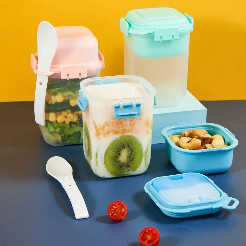 Contenedor de avena nocturna de doble capa, 580ml, desayuno, avena, cereales, nueces, yogur, taza con cuchara, caja Bento portátil para ensalada de frutas