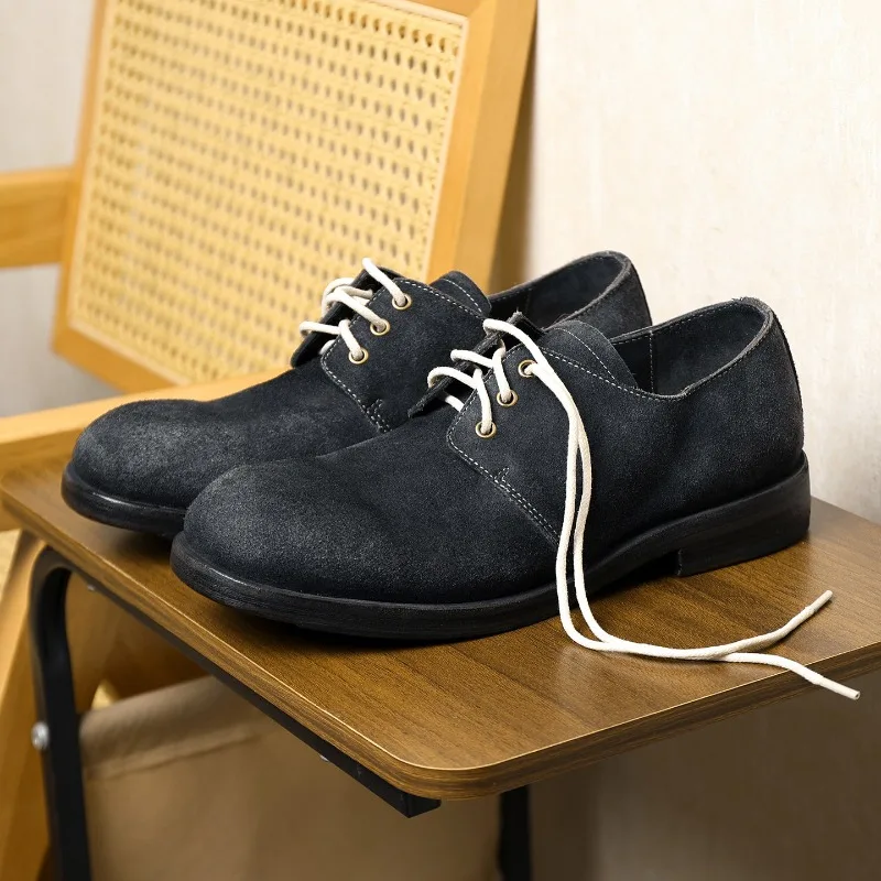 Handmade Washed Cow Suede Derby Shoes Men's Lace Up Cowhide Comfortable Outdoor Walking Genuine Leather Shoes Male Youth
