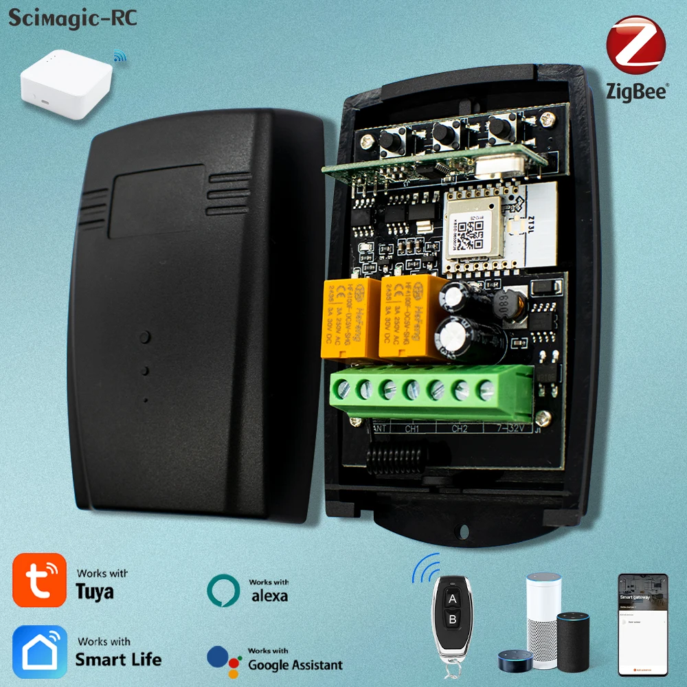 

Universal Remote Control Receiver Zigbee Smart 2 CH Garage Door Opener,For ERREKA PUJOL VDS Doorhan 433MHz, Fixed Rolling Code