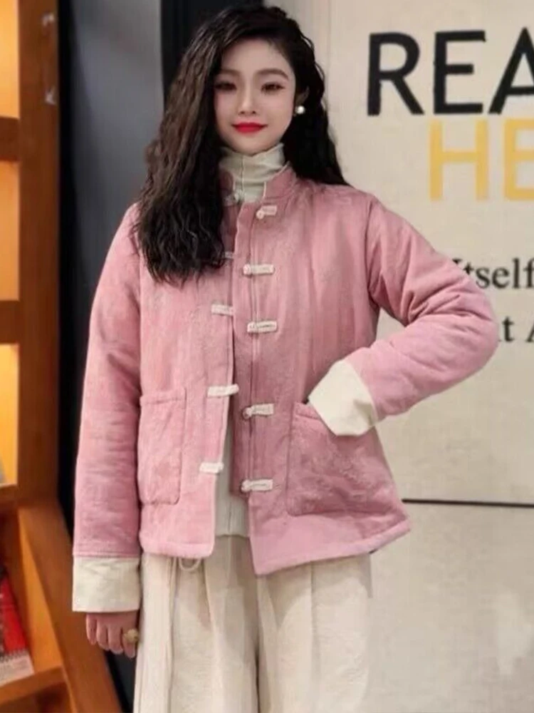 

Thiened осенне-зимний хлопковый тюнет, женский воротник-стойка на пуговицах, однотонное пальто в стиле ретро, длинное свековое теплое чайное пальто