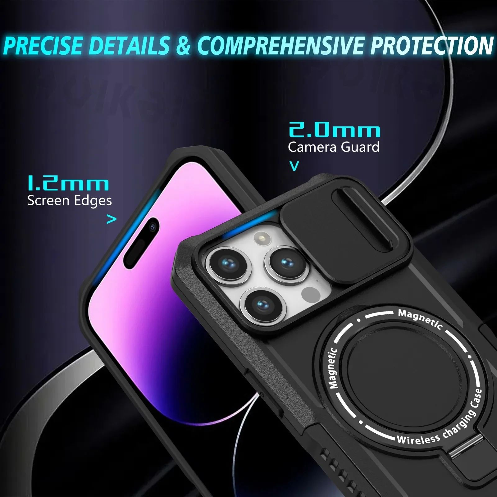 Case For iPhone 15 Pro Max 14 Pro 13 Pro 12 11 Magnetic Slide Camera Heavy Duty Shock Absorption Body Protective Kickstand Cover