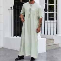 Men Vintage Half Sleeve Muslim Kaftan Robes Leisure V Neck Printed Jubba Thobe Solid Patchwork Arabic Clothes Plus Size S-3XL