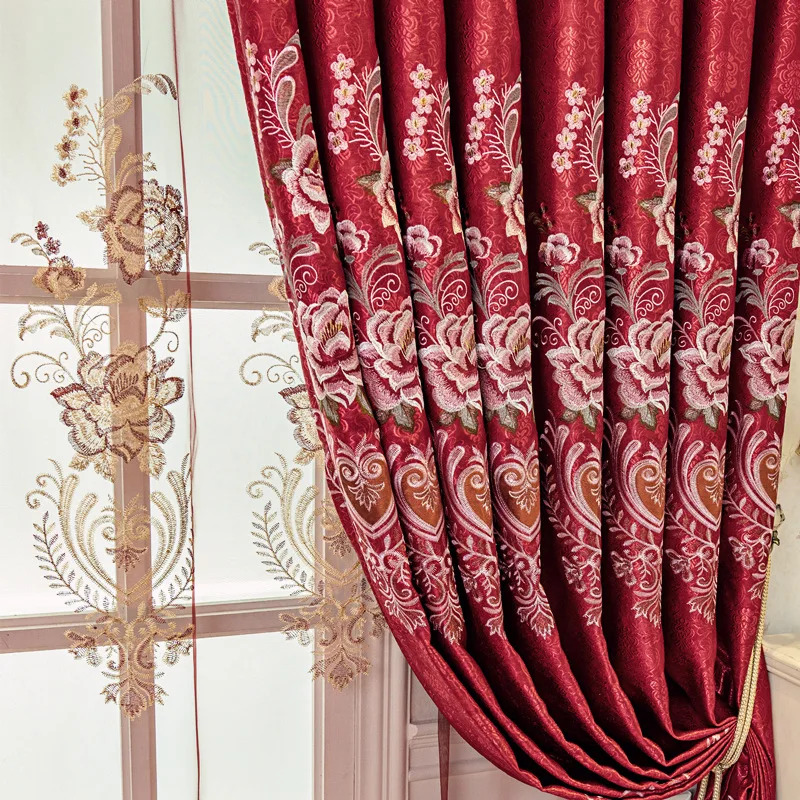 European Embroidered Curtain for Living Room and Bedroom Double-layer Cloth Tulle Thickened Blackout Red Water-soluble Fabric