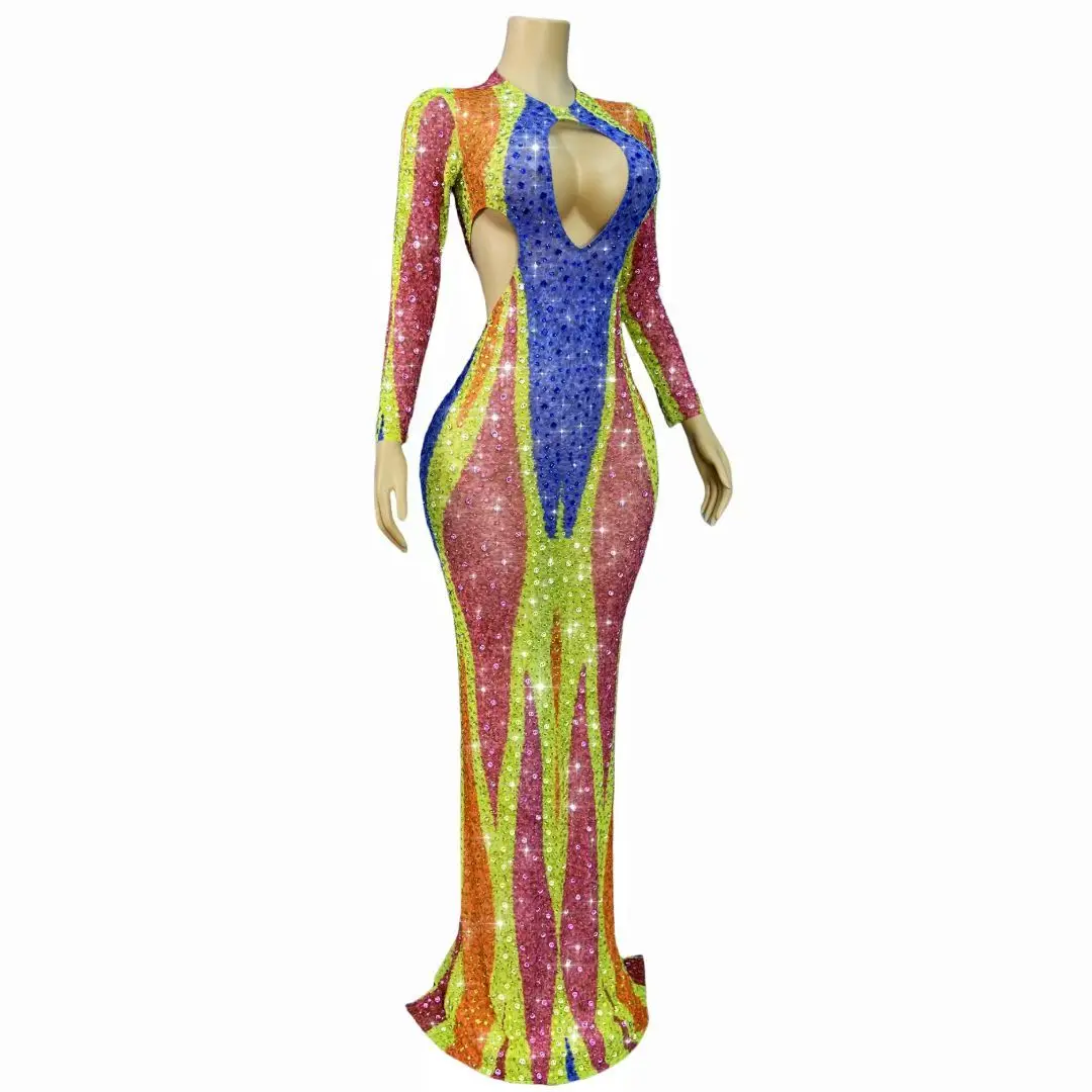 High-End-Mode Frauen Bunte Gedruckt Strass Mesh Kleid Sexy Cut Out Bodycon Maxi Lange Promi Abend Party Kleider