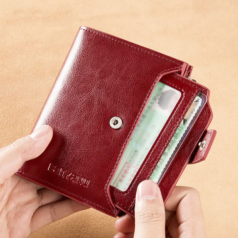 Genuine Leather Women Three Fold Wallet RFID Blocking Card Holders Short Female Zipper Coin Purse Multi Function Money Clip