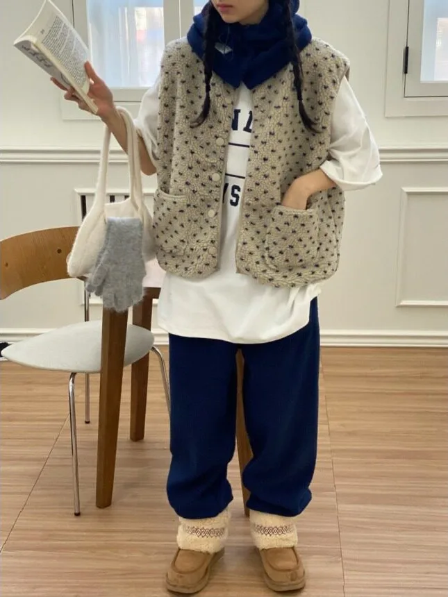 Cute Anti-Aging Color Block Heart Lamb Fur Vest Women's Loose Cotton Top Winter New Style Korean Style Soft Medium Thickness