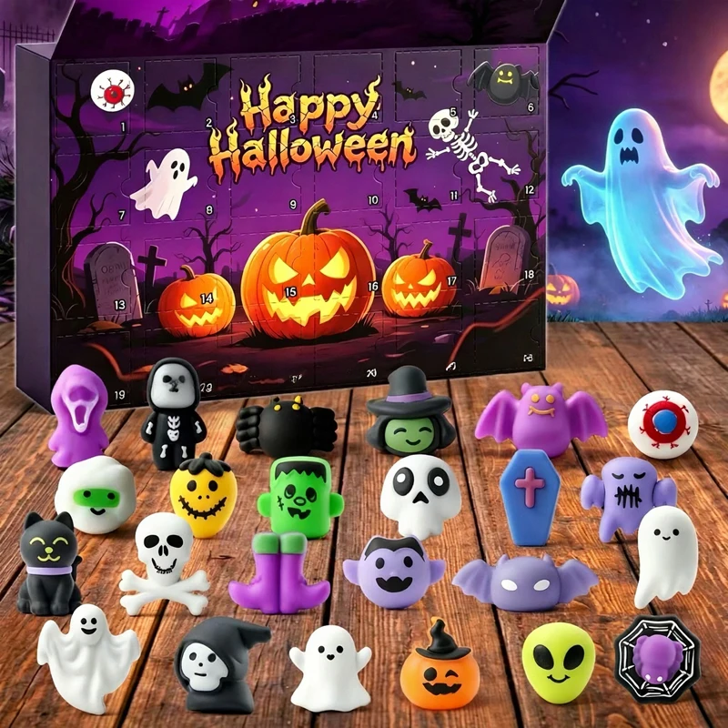 2026 New Halloween Advent Countdown Calendar Squishy Box Spooky Themed Mini Squishy Stress Relief Squeeze Fidget Halloween Gifts