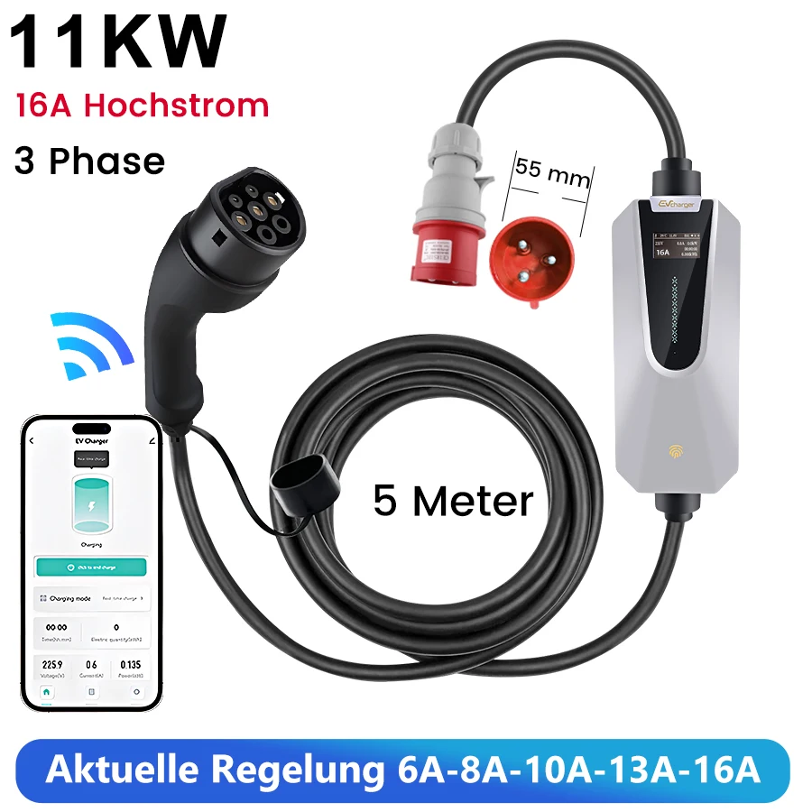 Junsun ev charger type 2 7KW 11KW 22KW App control Portable EV charger wallbox type 2 for Tesla Kia Dacia Renault Nissan Hyundai