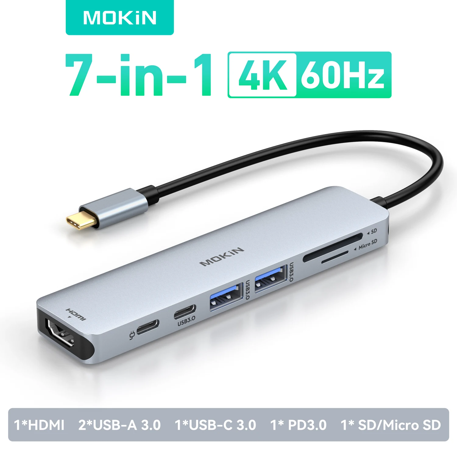 MOKiN USB-Hub Typ-C Adapter 4K60Hz HDMI USB3.0 Anschluss SD/TF Kartenleser 100W PD Ladestation für MacBook PC Laptops