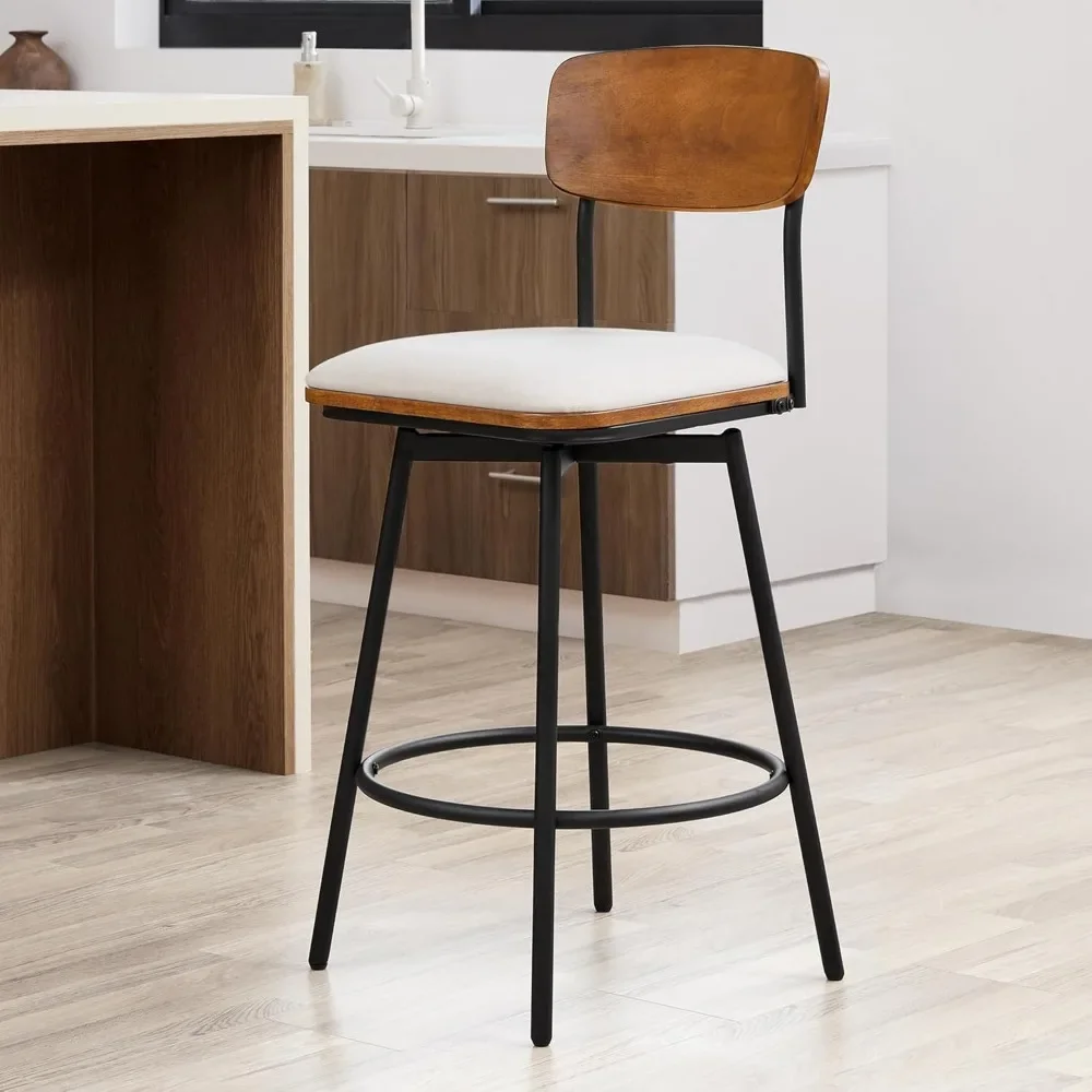 Altura Bar Banquetas Set com Costas, Metal e Madeira Frame, Tecido Estofados Barstool, Barra Altura do Contador, 27 polegadas, Conjunto de 2