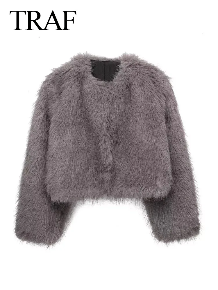 TRAF Winter Fashion Female Chic Grey Fur Coats Woman O-Neck Vintage Long Sleeve Loose Thikcen Streetwear Crop Tops High Street