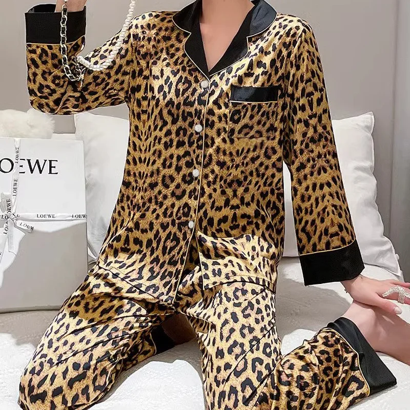 Korean Sexy Leopard Print Autumn Pajamas Women\'s Long-sleeved Suit High-end New Ice Silk Trousers Loungewear Trendy Loungewear