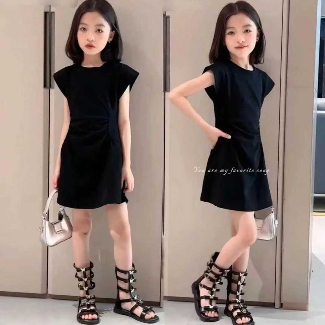 

Girls' Dress French High-end Feeling Waist Slimming Dress Girls' Summer New Sweet Round Neck A-line Skirt