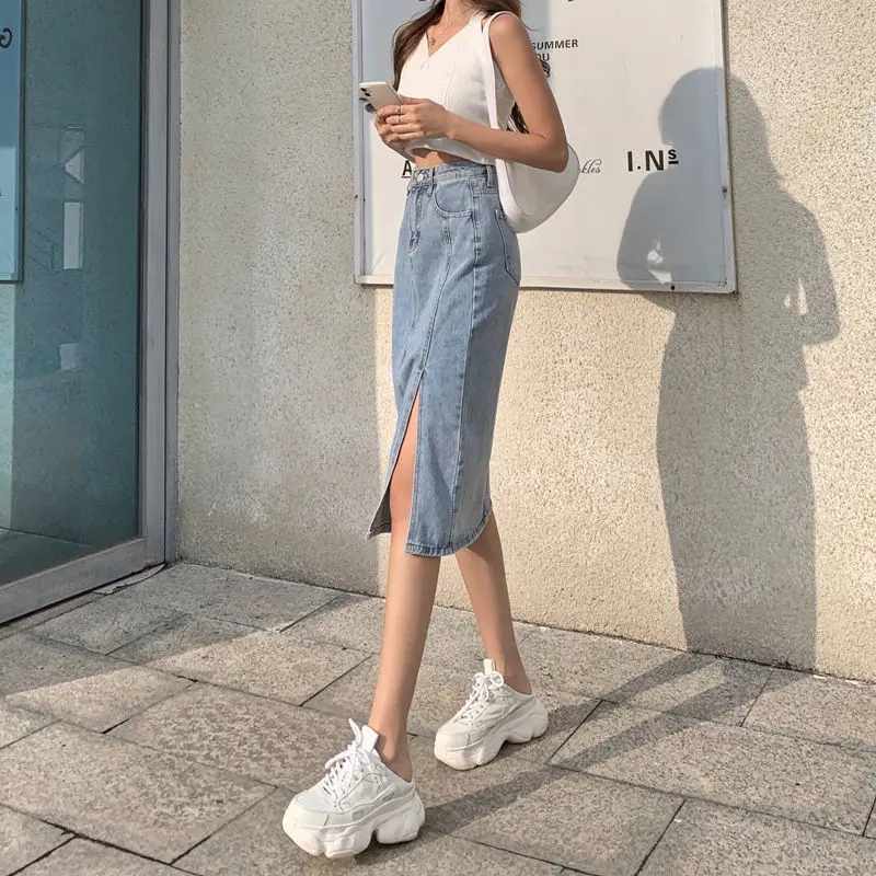 Nữ Váy Denim Bọc Gợi Cảm Midi Dài Hông Mùa Hè Xẻ Hàn Quốc Cao Cấp Mini Váy Nữ Thời Trang 2022 Chặt Vintage Mới