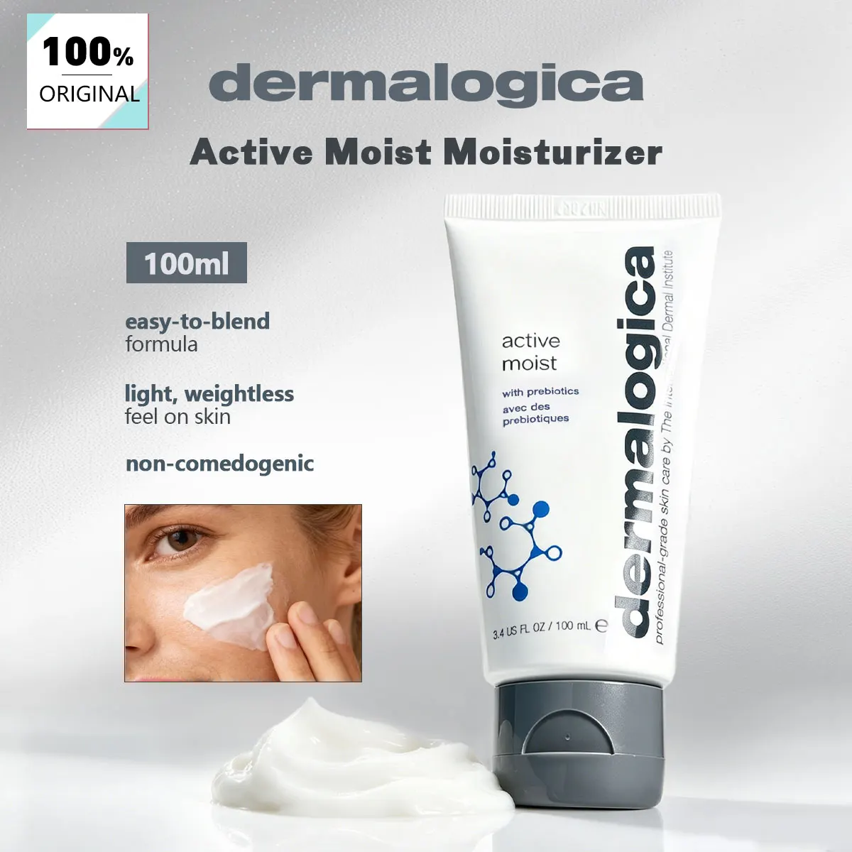 Dermalogica active moist moisturizer 100ml, lightweight, fast-absorbing, long-lasting hydration, smooths and comforts skin