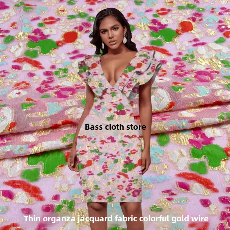 

Красочная золотая проволочная жаккардовая ткань из органзы для прозрачных свадебных платьев, модельерская одежда, шитье своими руками на метр, ткань