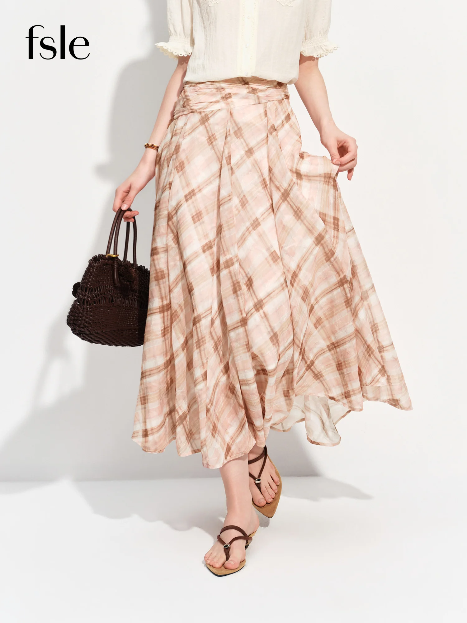 

FSLE Retro Chic Pink Plaid High-waisted Pleated A-line Midi Skirt for Women New Summer Style 2026 Holiday Commuting