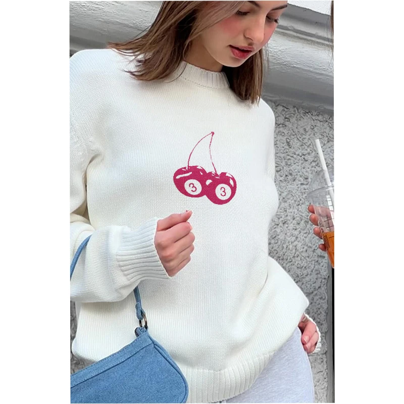 2024 New Cherry Print Soft Knitted Pullover Women Casual O-neck Long Sleeve Loose Sweater Autumn Warm Lady High Street Knitwear