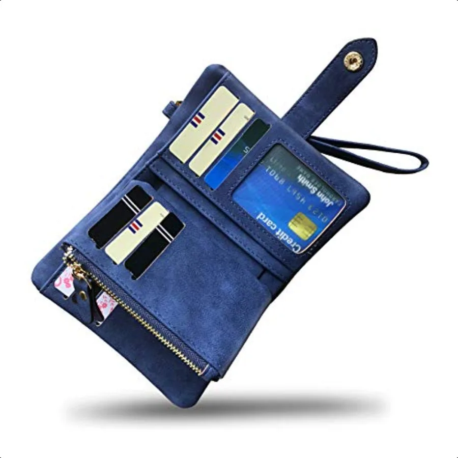 Women's Small Bifold Leather wallet Rfid blocking Ladies Wristlet with Card holder id window Coin Purse
