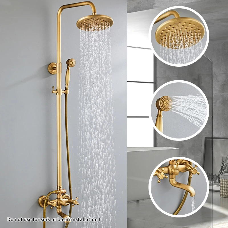 European Style Antique Full Copper Shower Set Vintage Bathroom Faucet with Cold And Hot Water Rainfall Spray Head