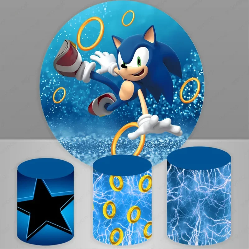 Sonic Round Backdrop Boys Birthday Decoration Blue Photography Background Cylinder Cover Polyester Elastic Baby Shower Props