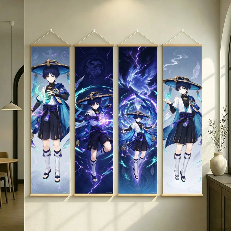 Hanging Scroll Wall Art of Genshin Impact Wanderer with Violet Energy on Silver Shimmer Canvas for an Anime Bedroom