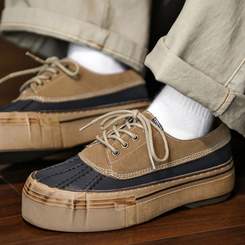 

Men's Leather Sneakers with Color Block Soft Sole Low-top Round Toe Lace-up Fashionable Niche New High-quality Walking Shoes