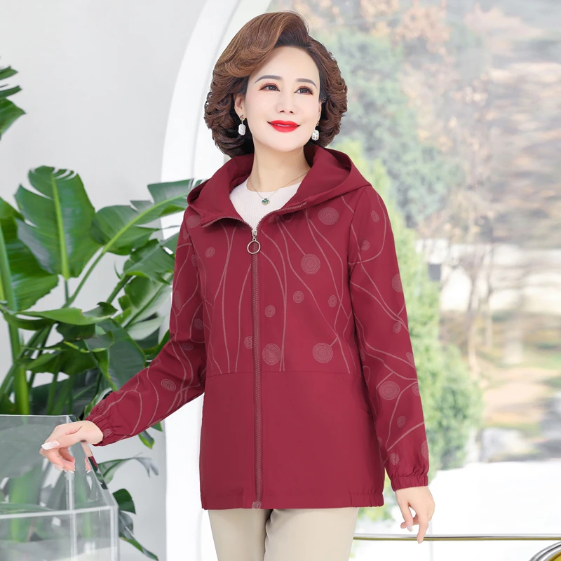 

New Trench Coat Women New Spring Autumn Clothes Hooded Print Mid Long Windbreaker Jacket Female Outerwear Tops