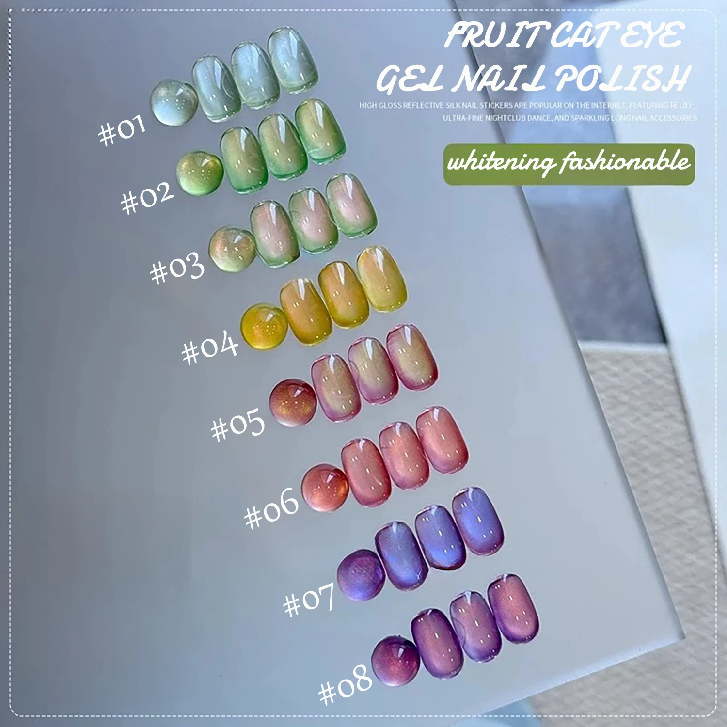 

1-20pcs TC Spring/Summer New Style Ice Transparent Whitening Nail Art Colorful Fruit Series Glass Beads Cat Eye Gel Nail Polish
